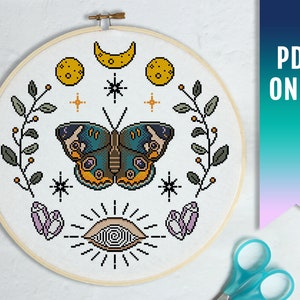 Night-fly cross stitch pattern, Modern cross stitch PDF pattern, Witchy embroidery design, Occult cross stitch, Goblincore, Cottagecore