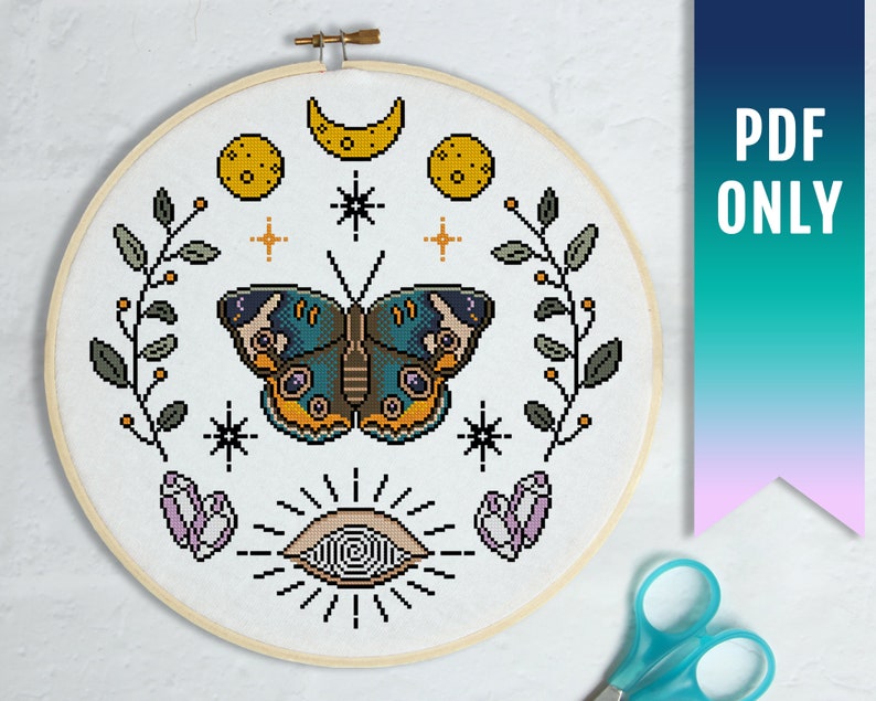 Night-fly Butterfly Cross Stitch Pattern, Witchy Occult Design (PDF Pattern) image 1