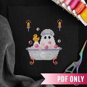 Bathroom Ghost cross stitch PDF pattern, Cute ghost cross stitch pattern, Halloween mini cross stitch pattern, Duck for bath cross stitch