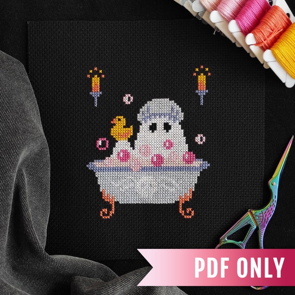 Bathroom Ghost cross stitch PDF pattern, Cute ghost cross stitch pattern, Halloween mini cross stitch pattern, Duck for bath cross stitch