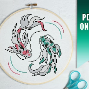 Koi Fish cross stitch pattern, Modern cross stitch PDF pattern, Japan carp embroidery design, Koi pond cross stitch pattern, Kawaii animal