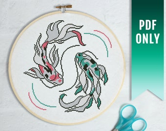 Koi Fish cross stitch pattern, Modern cross stitch PDF pattern, Japan carp embroidery design, Koi pond cross stitch pattern, Kawaii animal