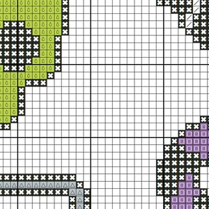 May include: Cross stitch pattern with a green, purple, and gray design. The pattern includes a variety of shapes, including circles, squares, and triangles.