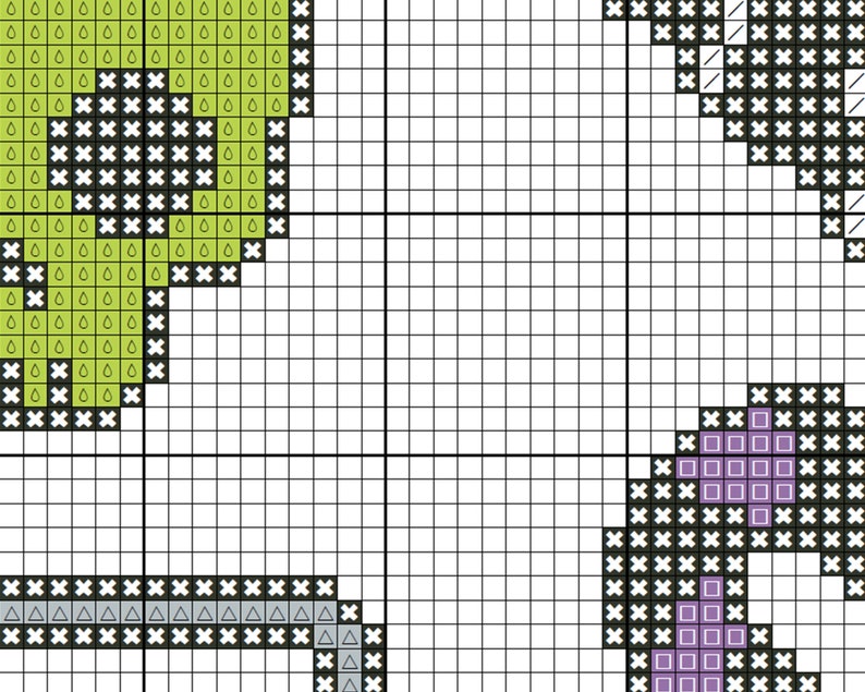 May include: Cross stitch pattern with a green, purple, and gray design. The pattern includes a variety of shapes, including circles, squares, and triangles.