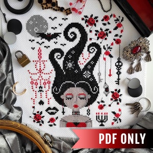 Vampire cross stitch pattern, Modern Folk cross stitch PDF pattern, Halloween cross stitch, Goth embroidery design, Whimsical cross stitch