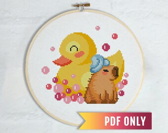 カピバラとアヒルのお風呂のクロスステッチパターン、面白い刺繍（PDFパターン）