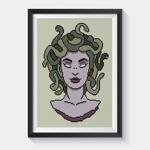 May include: A cross-stitch pattern of Medusa, a mythical Greek figure with snakes for hair. Her face is pale with dark eyes and a subtle smile. The snakes are green and brown.