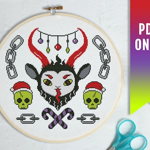 Merry Krampus cross stitch pattern, Gothic Christmas embroidery, Skeleton pattern, Occult cross stitch, Modern cross stitch PDF pattern
