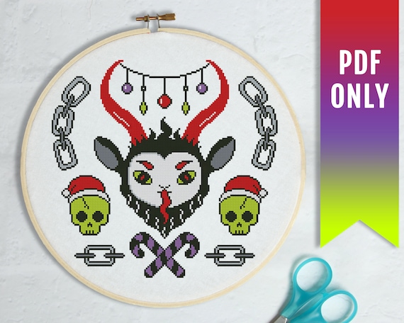 Merry Krampus Cross Stitch Pattern, Gothic Christmas Embroidery (PDF Pattern)