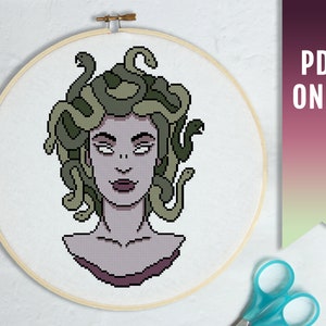 Medusa Gorgon cross stitch pattern, Goth cross stitch pattern, Modern cross stitch PDF pattern, Greek mythology pattern, Snake cross stitch