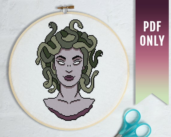Medusa Gorgon Cross Stitch Pattern, Goth Snake Design (PDF Pattern)