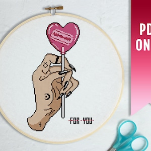 Lollipop Cross Stitch Pattern to Download, Witchy Cross Stitch Pattern PDF, Goth Cross Stitch Pattern, Cross Stitch Heart, DIY Gift Ideas