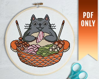 Cat Sukiyaki Cross Stitch Pattern, Kawaii Japanese Embroidery (PDF Pattern)