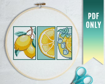 レモンのクロスステッチパターン、モダンな柑橘類の刺繍（PDFパターン）