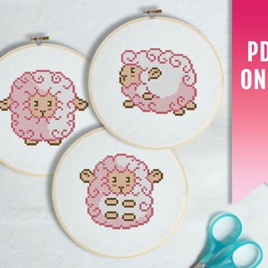 Pink Lamb cross stitch pattern, Pink Set of 3 modern cross stitch PDF pattern, Cute Kawaii animals embroidery design, Cottagecore pattern