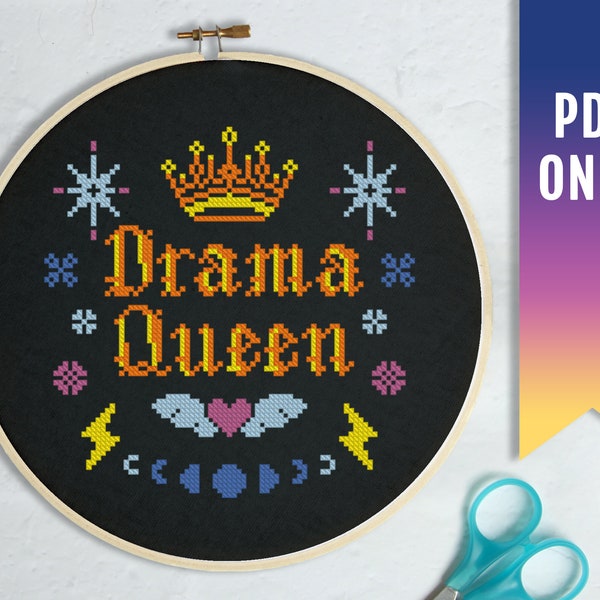 Drama Queen cross stitch pattern, Modern cross stitch PDF pattern, Snarky cross stitch, Abstract embroidery design, Heart with a wings