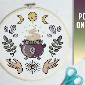 Witches Brew cross stitch pattern, Modern cross stitch PDF pattern, Occult pattern, Witchy cross stitch, Cottagecore Decor, Goblincore Theme