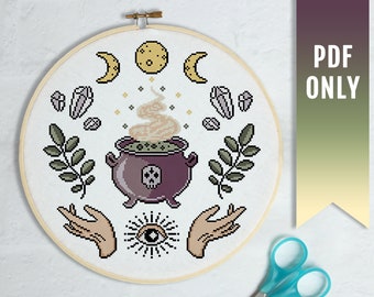 Witches Brew cross stitch pattern, Modern cross stitch PDF pattern, Occult pattern, Witchy cross stitch, Cottagecore Decor, Goblincore Theme