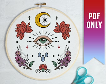 Witchy Evil Eye Cross Stitch Pattern, Tears Flowers Moon (PDF)
