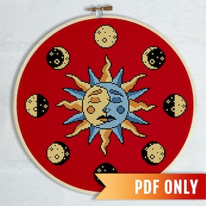 Sun and Moon Face cross stitch pattern, Modern cross stitch PDF pattern, Moon phases embroidery design, DIY cross stitch gift for Stargazer