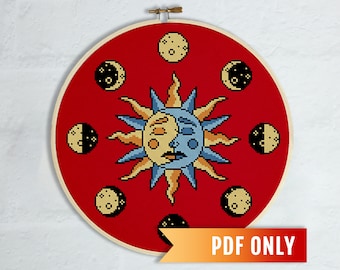 Sun and Moon Face Cross Stitch Pattern, Yin Yang Embroidery (PDF Pattern)