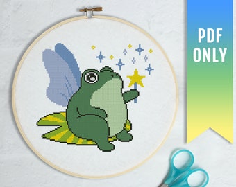 Frog Fairy cross stitch pattern, Modern cross stitch PDF pattern, Frog with magic wand and wings pattern, Cottagecore cross stitch pattern