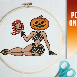 Goth cross stitch pattern, Modern cross stitch PDF pattern, Halloween cross stitch pattern, Pumpkin cross stitch, Spooky cross stitch