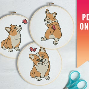 Może przedstawiać: Trzy wzory do haftu przedstawiające uroczego, kreskowego psa rasy corgi w różnych pozach. Każdy wzór zawiera motyla.