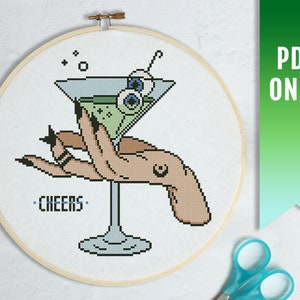 Christmas cross stitch pattern, Martini cross stitch pattern, Goth cross stitch pattern, Modern cross stitch PDF pattern, Alcohol cocktail