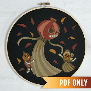 Pumpkin Dance Cross Stitch Pattern, Spooky Halloween Embroidery (PDF Pattern)