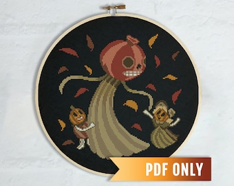 パンプキンダンスのクロスステッチパターン、不気味なハロウィーン刺繍（PDFパターン）