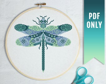 Fairy Dragonfly Cross Stitch Pattern, Mandala Embroidery (PDF Pattern)