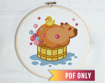 カピバラのお風呂のクロスステッチパターン、バスルームの刺繍（PDFパターン）