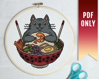 Cat in Ramen Bowl Cross Stitch Pattern, Kawaii Japanese Food (PDF Pattern)