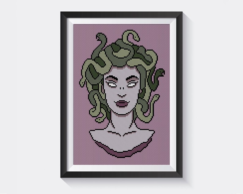 May include: A pixel art illustration of Medusa, a mythical Greek figure with snakes for hair. Her face is pale with dark eyes and a red mouth. The snakes are green and yellow.