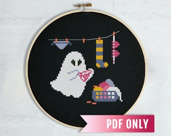 ランドリーゴーストのミニクロスステッチパターン、面白いハロウィンデコレーション（PDFパターン）