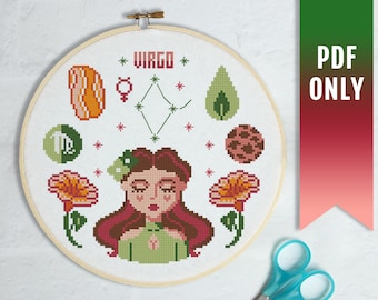 Virgo Zodiac Cross Stitch Pattern, Floral Astrology (PDF Pattern)