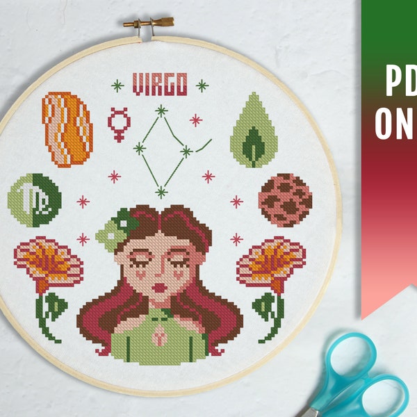 Virgo Zodiac Sign Cross Stitch Pattern to Download, Zodiac Sign Cross Stitch Pattern PDF, Astrology Cross Stitch Pattern,DIY Virgo Sign Gift