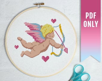 Cupid boy cross stitch pattern, Valentine's day cross stitch, Modern cross stitch PDF pattern, Love cross stitch, Amour cross stitch pattern