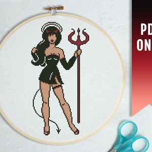 Sexy Devil Cross Stitch Pattern, Gothic Halloween Embroidery (PDF Pattern)