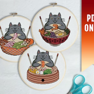 Ramen Cat Cross Stitch Pattern Set of 3, Cross Stitch Pattern PDF Ramen, Anime Cross Stitch Pattern, Kawaii Cross Stitch with Japan Food