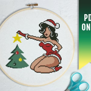 Vintage Christmas Girl - Modern cross stitch pattern - Christmas cross stitch pattern, Christmas tree cross stitch, Pin up girl cross stitch