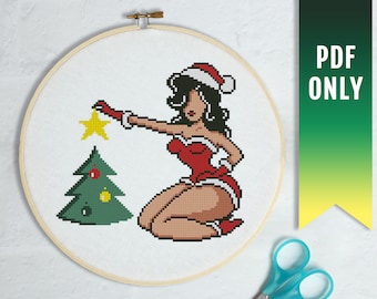 Vintage Christmas Girl Cross Stitch Pattern - Pin Up Santa, Modern Embroidery (PDF Pattern)