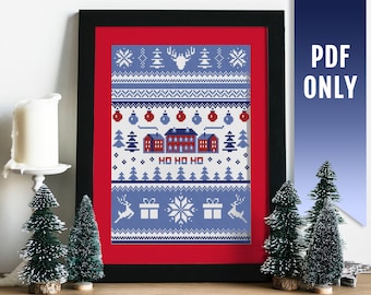 Ho Ho Ho Merry Christmas cross stitch pattern, Modern cross stitch PDF pattern, Nordic ornaments embroidery design, Snowflakes pattern