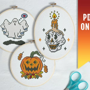 Halloween Set of 3 cross stitch pattern, Goth cross stitch, Modern cross stitch PDF pattern, Pumpkin cross stitch, Spooky cross stitch