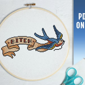 Tattoo Swallow cross stitch pattern, Modern cross stitch PDF pattern &quot;Bitch&quot;, Vintage Tattoo embroidery design, Bird cross stitch pattern