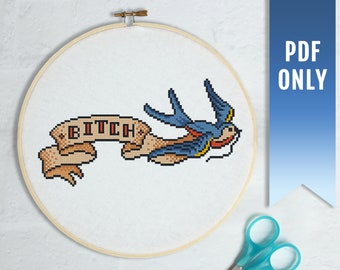 Tattoo Swallow Cross Stitch Pattern, Modern Embroidery (PDF Pattern)