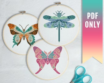 Fairy Butterfly Cross Stitch Pattern Set, Dragonfly, Moth (PDF)