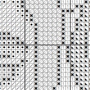 May include: Black and white cross stitch pattern with a variety of shapes, including circles, squares, triangles, and diagonal lines.
