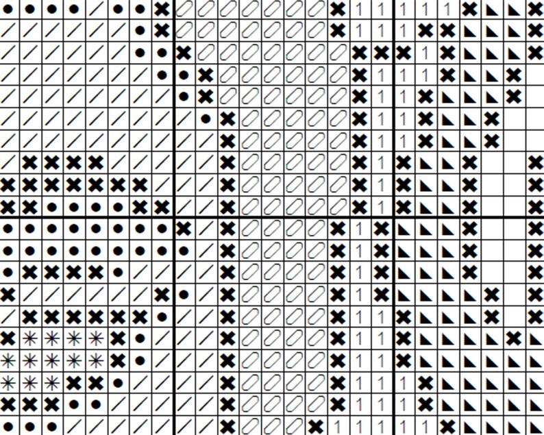 May include: Black and white cross stitch pattern with a variety of shapes, including circles, squares, triangles, and diagonal lines.